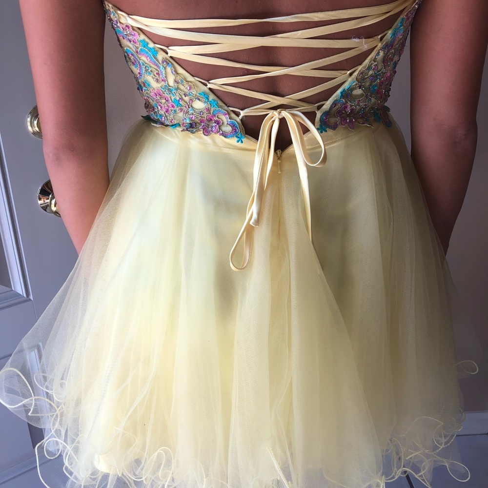 Yellow Strapless Homecoming Dress - Picture 3 of 5